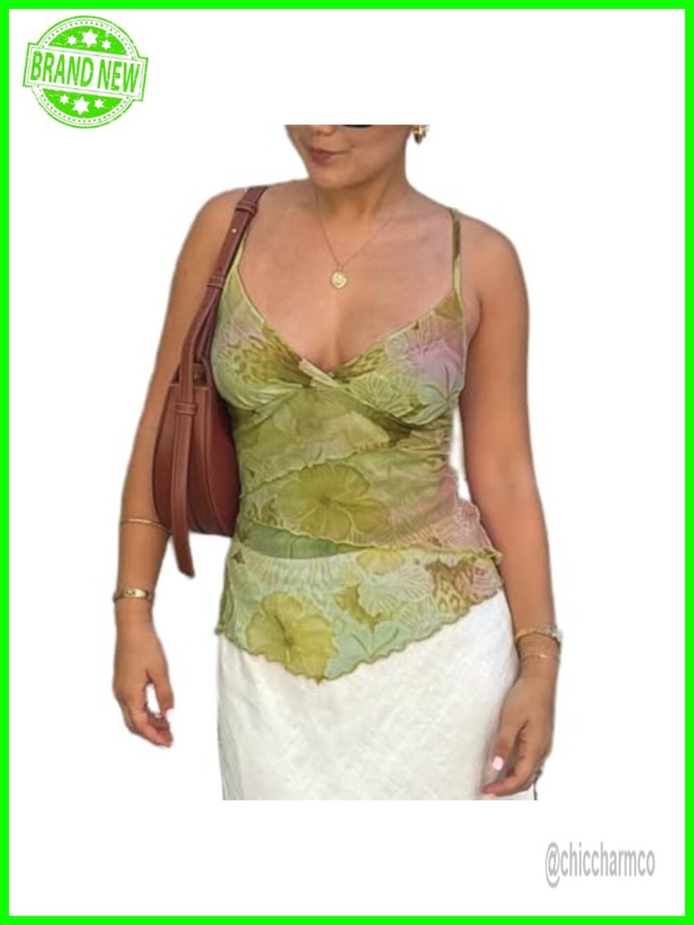 Y2k Mesh Tank Top Floral Print Spaghetti Strap V Neck Cami Women's